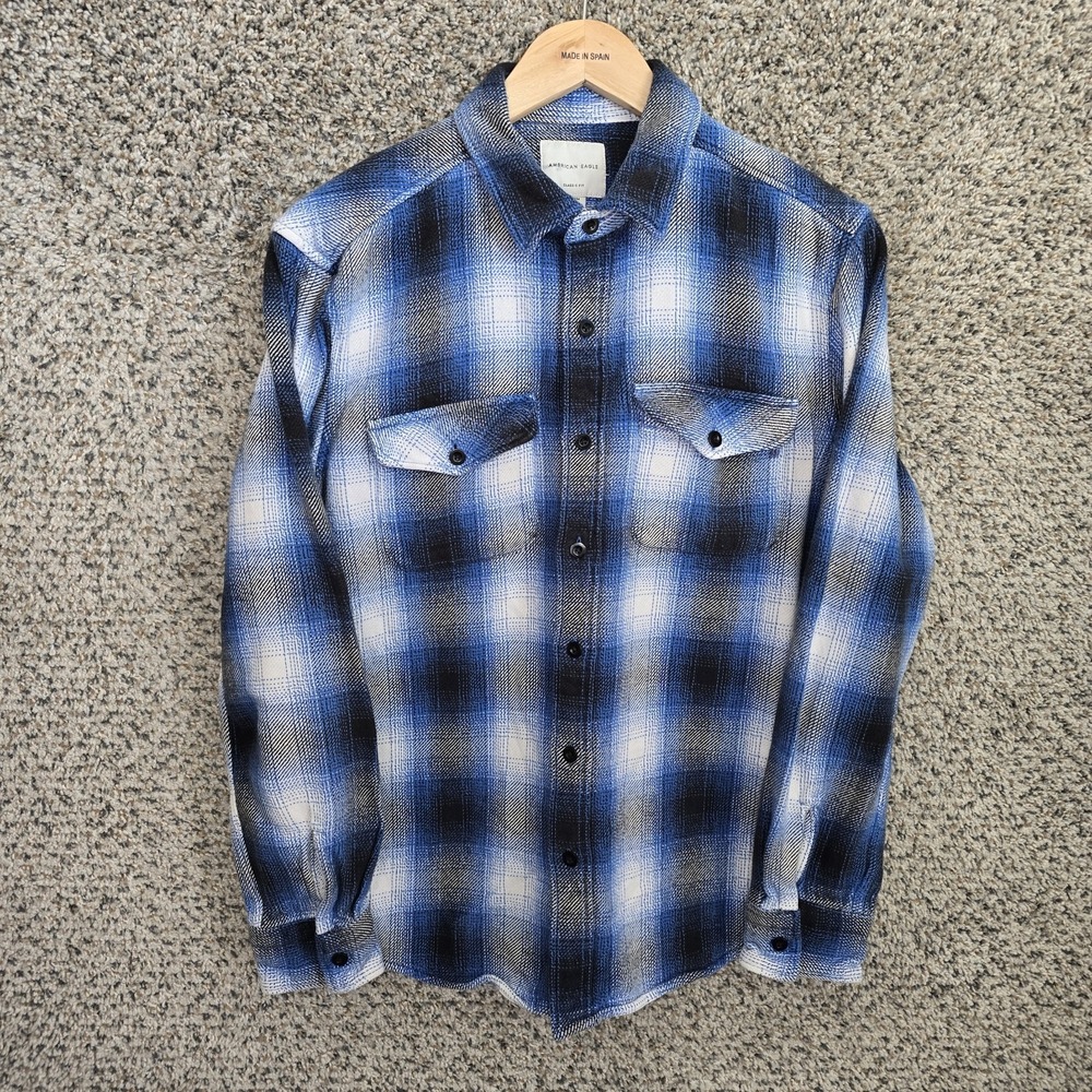 American Eagle Flannel Shirt Mens Medium Blue Button Up Classic Fit Casual